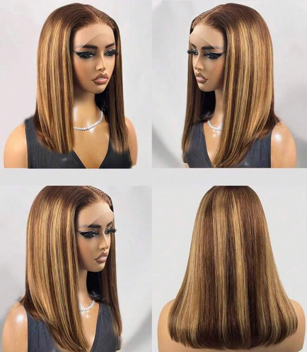 Glueless Highlight Honey Blonde Ombre Bob Wig Human Hair 13x4 Lace Front Wig 150% Density P4/27 Piano Color 10 Inch Short Straight Wigs Human Hair