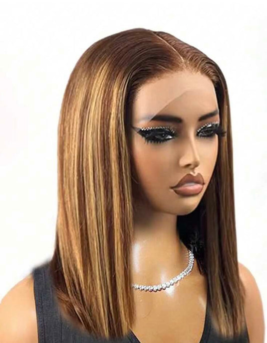 Glueless Highlight Honey Blonde Ombre Bob Wig Human Hair 13x4 Lace Front Wig 150% Density P4/27 Piano Color 10 Inch Short Straight Wigs Human Hair